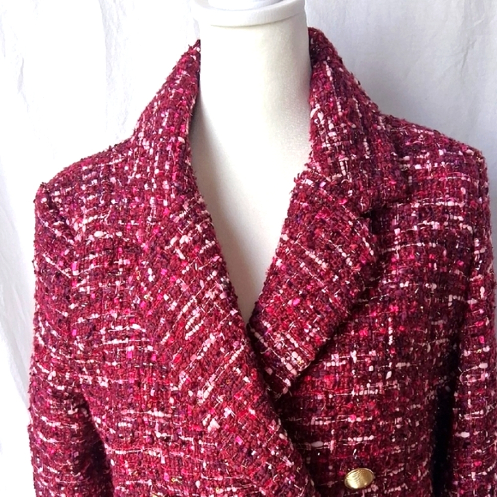 House Of Harlow 1960 Tweed Cropped Double-Breasted Jacket - Burgundy S - Picture 3 of 6